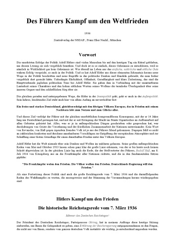 Des Fuehrers Kampf um den Weltfrieden (1936, 39 S., Text)