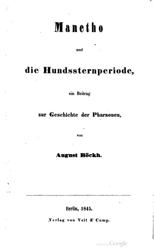 Manetho und die Hundssternperiode, ein Beitrag zur Geschichte der Pharaonen