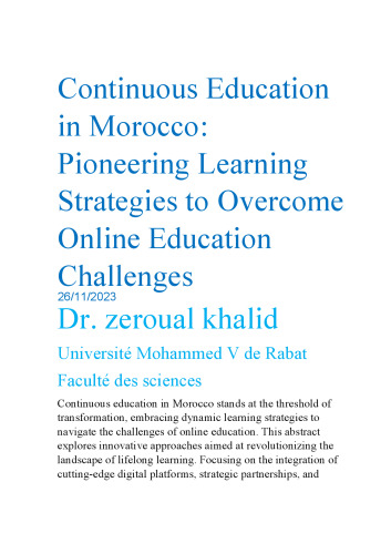 Continuous Education in Morocco Pioneering Learning Strategies to Overcome Online Education Challenges