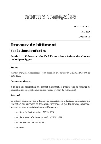 NF DTU 13.2 (P11-212) : Travaux de fondations profondes pour le bâtiment
