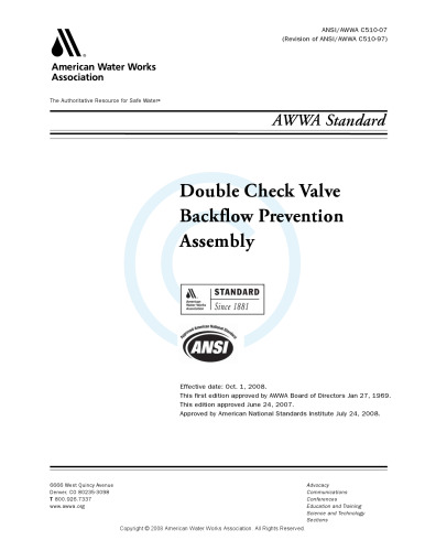 ANSI AWWA C510-07 Double Check Valve Backflow Prevention Assembly