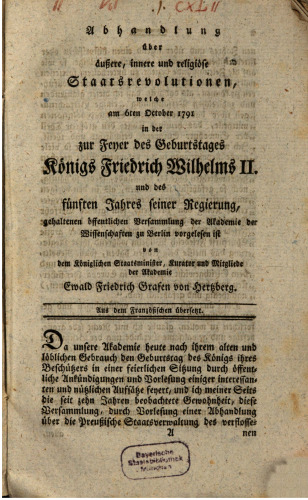 Abhandlung über äußere, innere und religiöse Staatsrevolutionen welche am 6ten October 1791 in der zur Feyer des Geburtstages Königs Friedrich Wilhelms II. und des fünften Jahres seiner Regierung, gehaltenen öffentlichen Versammlung der Akademie der Wissenschaften zu Berlin vorgelesen ist
