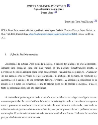 Entre memória e história: a problemática dos lugares