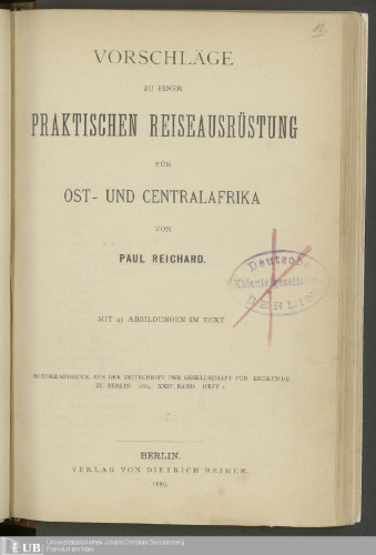 Vorschläge zu einer praktischen Reiseausrüstung für Ost- und Centralafrika [Zentralafrika]
