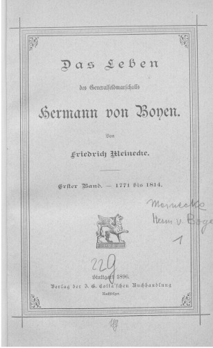 Das Leben des Generalfeldmarschalls Hermann von Boyen / 1771-1814