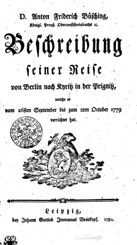 Beschreibung seiner Reise von Berlin nach Kyritz in der Prignitz [Priegnitz], welche er vom 26ten September bis zum 2ten Oktober verrichtet hat