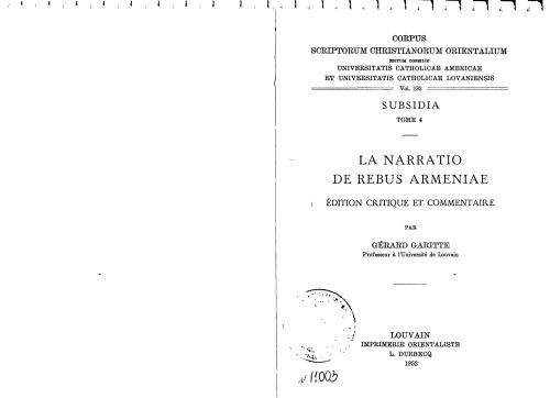 La Narratio de rebus Armeniae: édition critique et commentaire