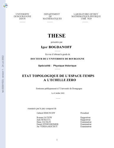 Etat topologique de l'espace-temps a l'echelle zero