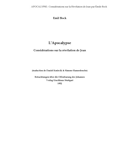 L'Apocalypse. Considérations sur la révélation de Jean