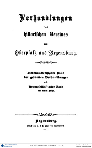 Verhandlungen des Historischen Vereins für Oberpfalz und Regensburg