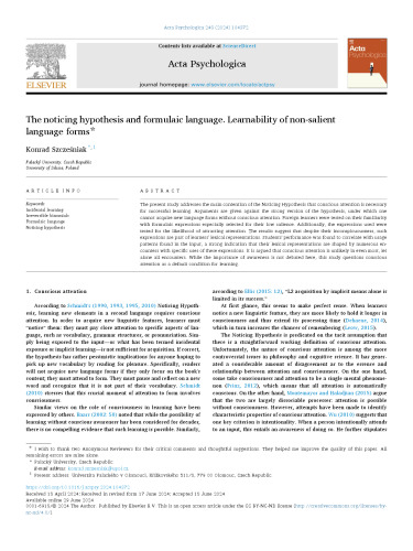 The noticing hypothesis and formulaic language. Learnability of non-salient language forms