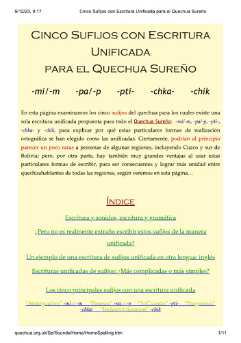 Cinco sufijos con escritura unificada para el quechua sureño -mi/-m, -pa/-pa, -pti-, -chka-, -chik