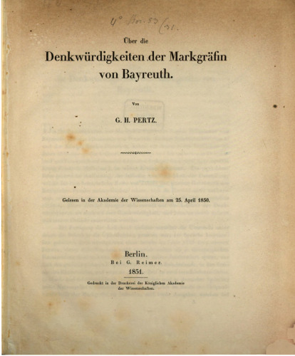 Über die Denkwürdigkeiten der Markgräfin von Bayreuth