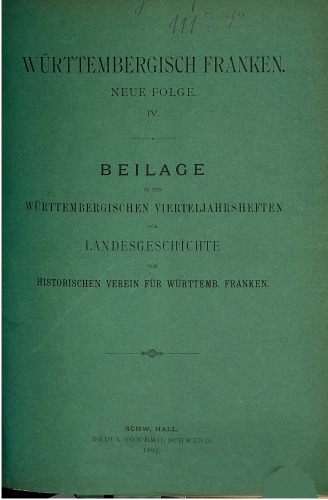 Württembergisch Franken Beilage vom Historischen Verein für das Württembergische Franken zu den WürttembergischenVierteljahresheften für Landesgeschichte