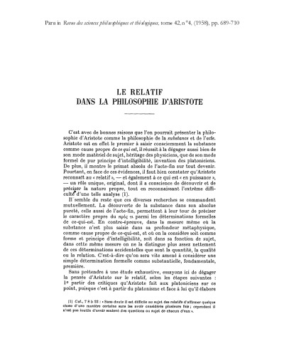 Le relatif dans la philosophie d'Aristote