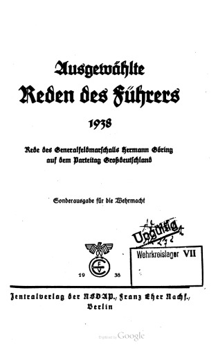 Ausgewählte Reden des Führers 1938