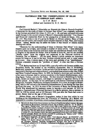 Materials for the Understanding of Islam in German East Africa
