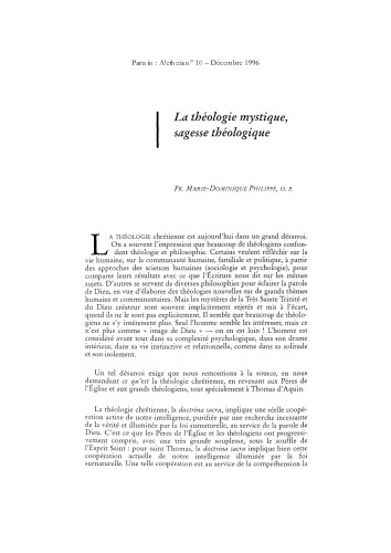Aletheia, n° 10, Décembre 1996 La théologie mystique, sagesse théologique