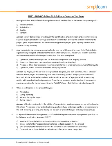 PMP® - PMBOK® Guide – Sixth Edition – Classroom Test Paper - Questions and Answers