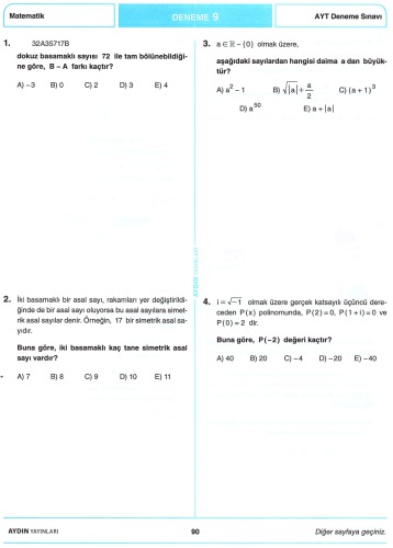 Aydın 10 AYT Matematik Deneme 9