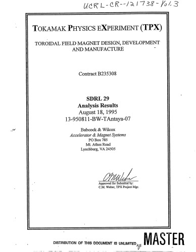 Tokamak Physics Exper - Toroidal Field Magnet Des, Devel, Mfg [analysis results]
