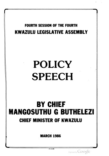 Fourth Session of the Fourth KwaZulu Legislative Assembly. Policy Speech