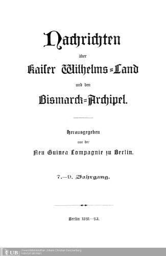 Nachrichten über Kaiser Wilhelms-Land und den Bismarck-Archipel