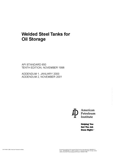 Welded Steel Tanks for Oil Storage, 10th Edition