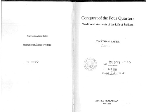 Conquest of the four quarters: Traditional accounts of the life of Sankara