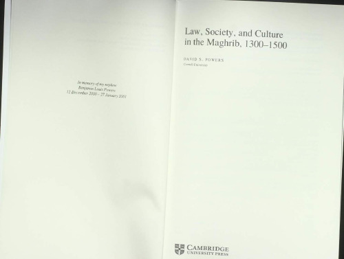 Law, Society, and Culture in the Maghrib, 1300-1500