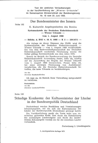 Systemurkunde der Deutschen Einheitskurzschrift - Wiener Urkunde - 1. August 1968