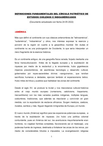 DEFINICIONES FUNDAMENTALES DEL CÍRCULO PATRIÓTICO DE ESTUDIOS CHILENOS E INDOAMÉRICANOS