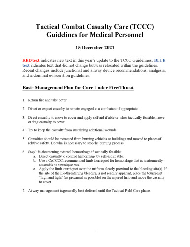 Tactical Combat Casualty Care (TCCC) Guidelines for Medical Personnel - 15 December 2021