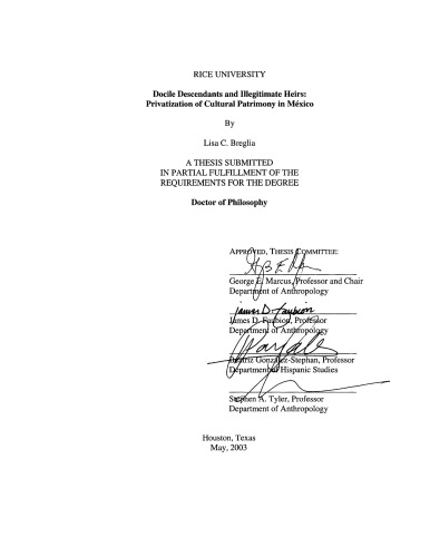Docile Descendants and Illegitimate Heirs: Privatization of Cultural Patrimony in Mexico (Phd Thesis)