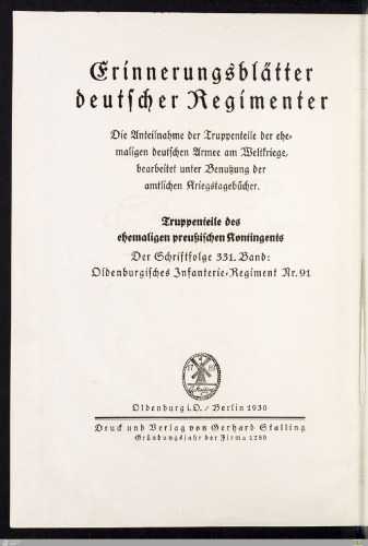Die Geschichte des Oldenburgischen Infanterie-Regiments Nr. 91