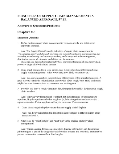Principles of Supply Chain Management: A Balanced Approch (Solution Manual)