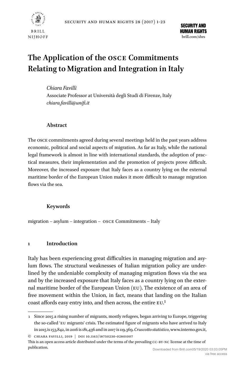 The Application of the osce Commitments Relating to Migration and Integration in Italy