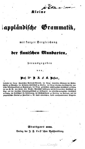 Kleine lappländische Grammatik mit kurzer Vergleichung der finnischen Mundarten