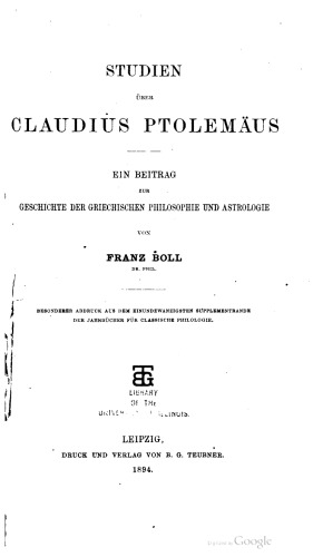 Studien über Claudius Ptolemäus. Ein Beitrag zur Geschichte der griechischen Philosophie und Astrologie