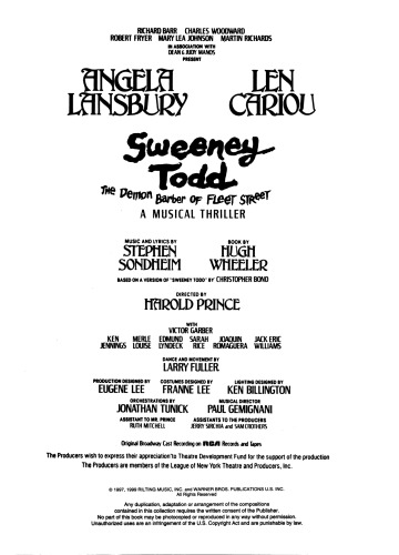 Sweeney Todd: The Demon Barber of Fleet Street. A Musical Thriller