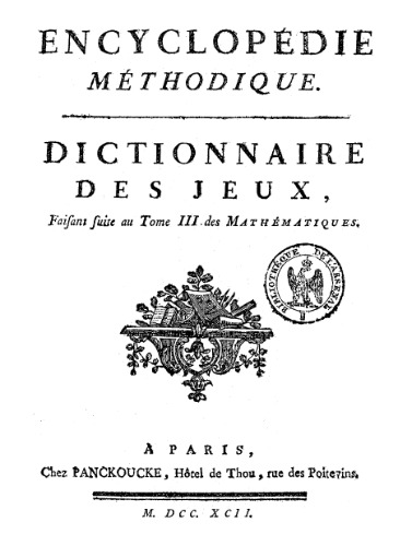 Dictionnaire des jeux. Encyclopédie Panckoucke