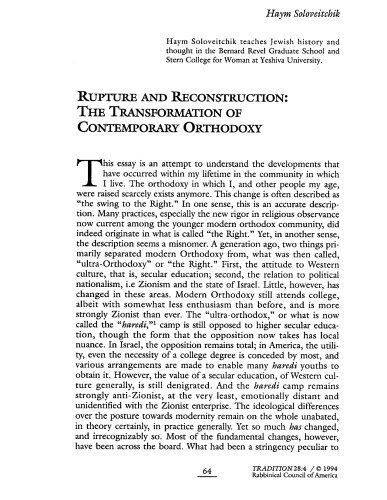 Rupture and Reconstruction: The Transformation of Contemporary Orthodoxy