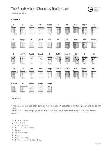 The Bends Album Chords by Radiohead