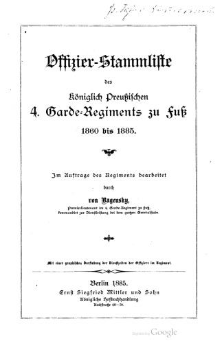 Offizier-Stammliste des Königlich Preußischen 4. Garde-Regiments zu Fuß 1860 bis 1885