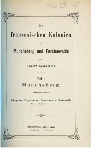 Die französischen Kolonien zu Müncheberg und Fürstenwalde