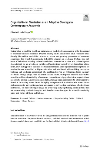 Organizational Narcissism as an Adaptive Strategy in Contemporary Academia