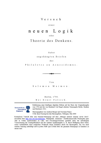 Versuch einer neuen Logik. Oder Theorie des Denkens
