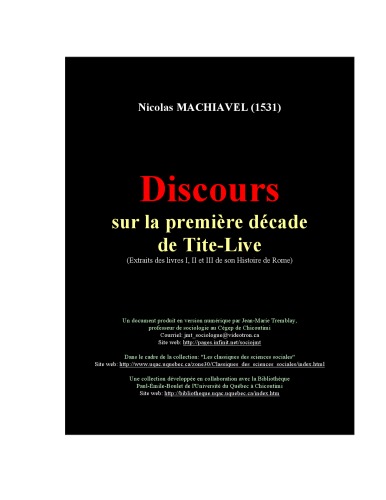 Discours sur la premiere décade de Tite-Live