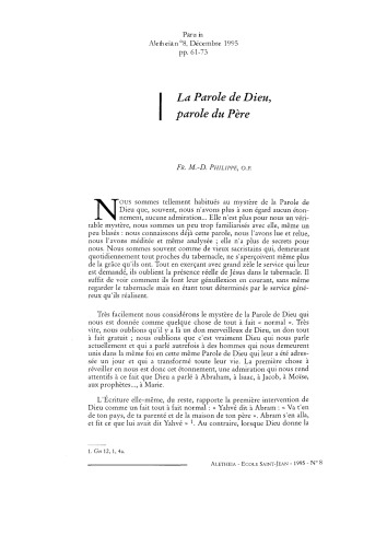 Aletheia, n°8, Décembre 1995 La Parole de Dieu, parole du Père