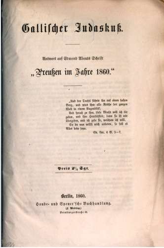 Gallischer Judaskuß. Antwort auf Edouard Abouts Schrift "Preußen im Jahre 1860"